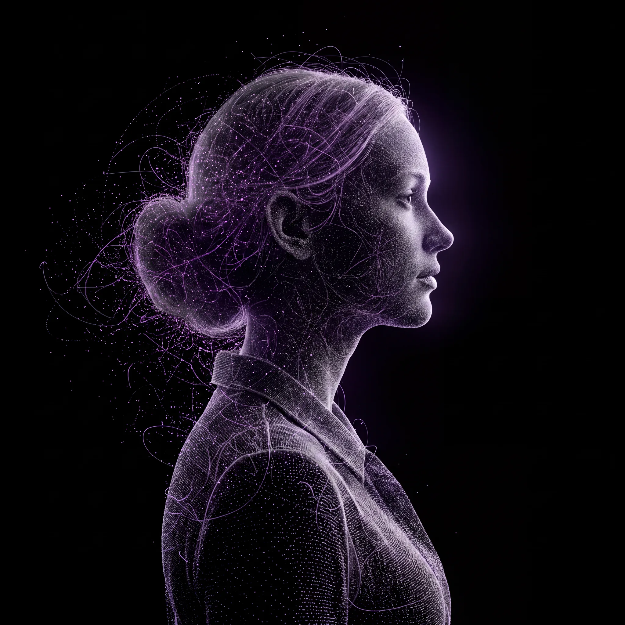 Artistic portrait of a researcher formed from flowing data points