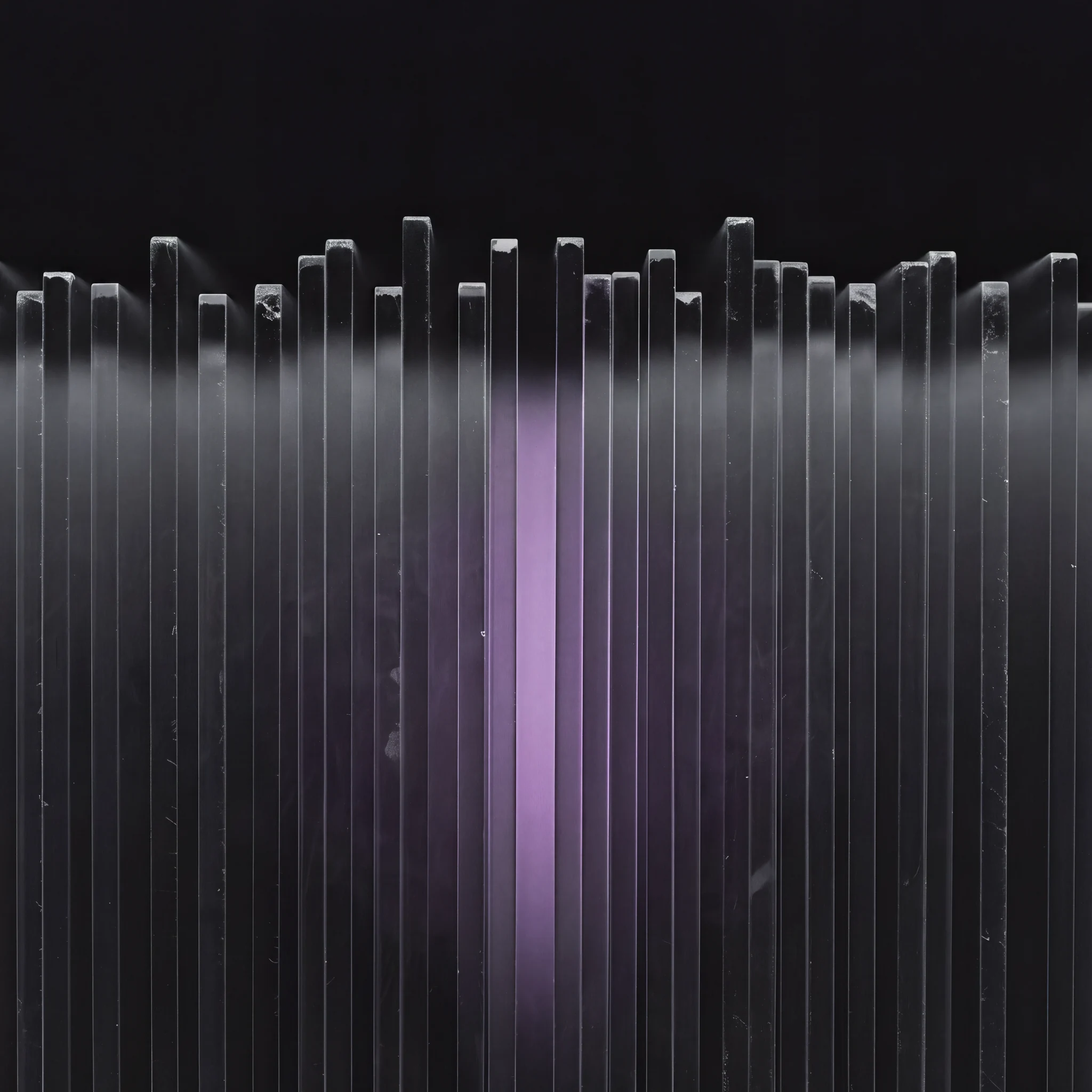 Thin stacked translucent plates seen edge-on, one layer glowing violet